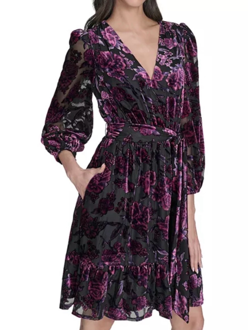 Eliza J Black Wrap Dress with Plum Floral Burnout